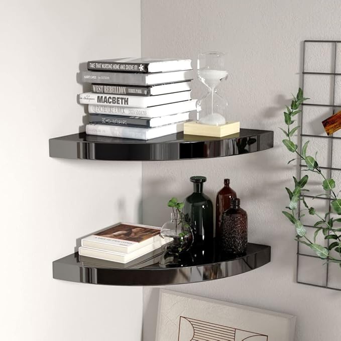 Floating Corner Shelves 2-Pack High Gloss Black 13.8"x13.8"x1.5" Wall-Mounted Shelves with Invisible Bracket for Bathroom Bedroom Living Room Storage Display