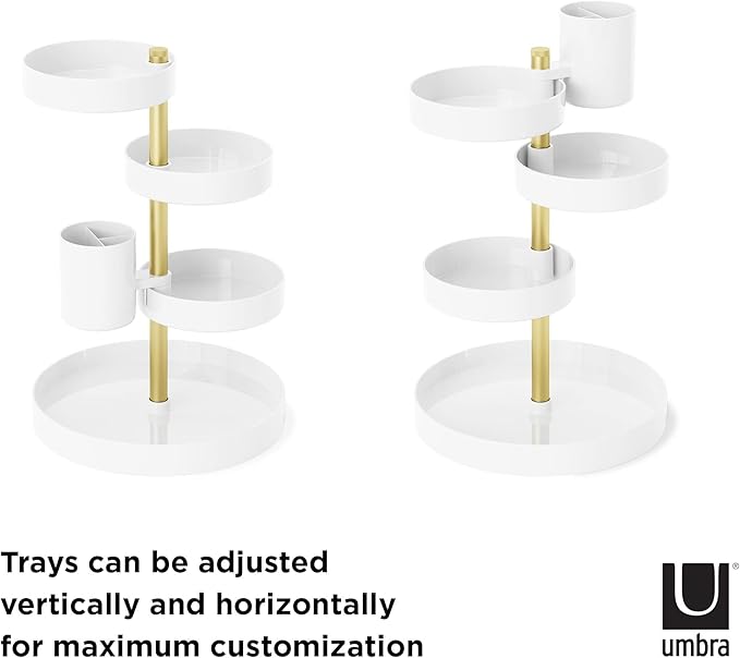Umbra Pirouette Cosmetic Organizer, Large Capacity Makeup Storage with Adjustable Compartments, White/Brass