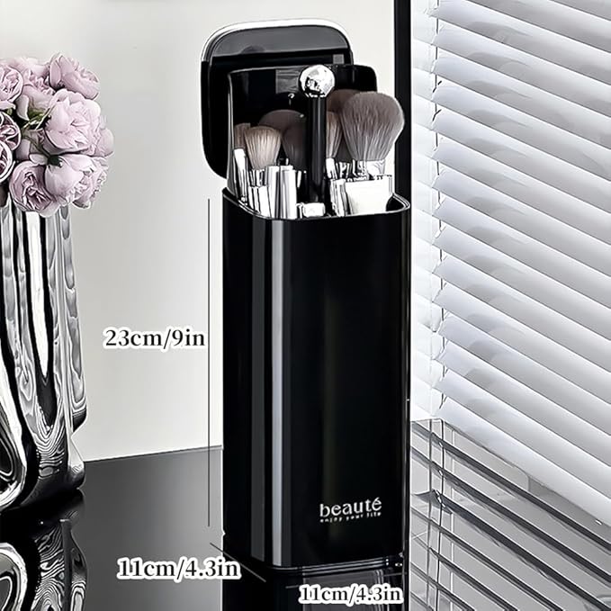 Automatic Lifting Makeup Brush Holder with Lid Dustproof Cosmetic Organizers for Vanity-Black