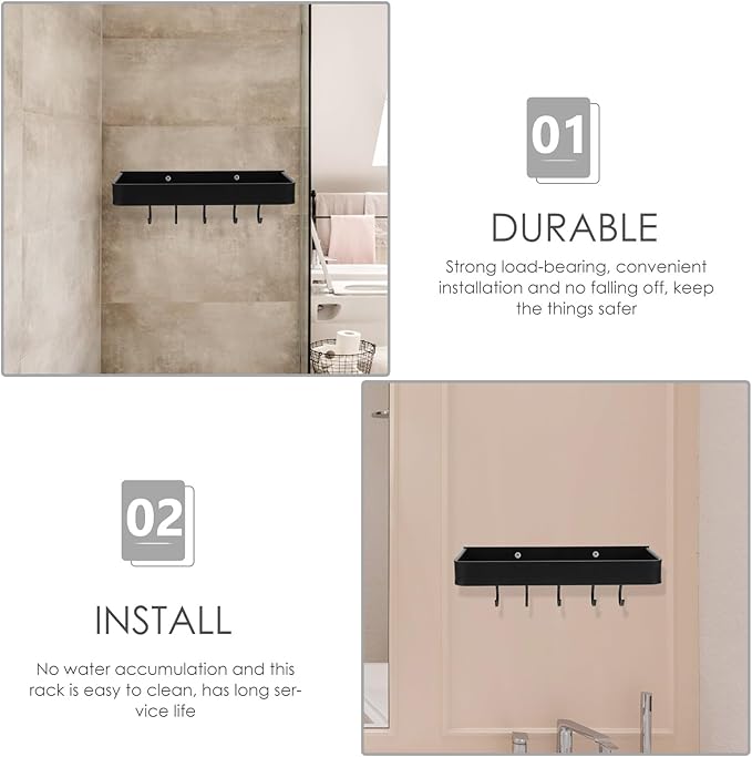 Unomor Wall-Mounted Aluminum Bathroom Shelf with Hooks 30cm Black Floating Storage Rack Bathroom Accessory for Home Organization