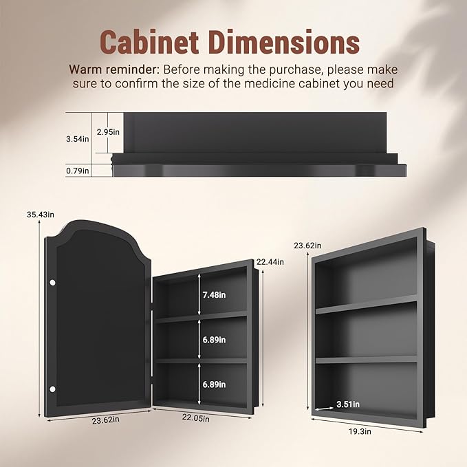 24x35 Inch Medicine Cabinet - Surface Mount or Recessed Bathroom Mirror Cabinet with Storage, Metal Framed, Sturdy & Easy Installation（Black）