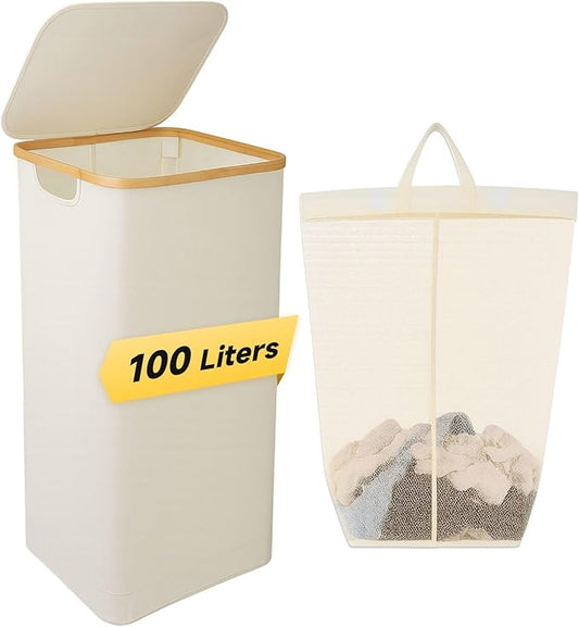 100L Foldable Laundry Basket with Lid, Dirty Clothes Hamper for Dormitories and Gyms | Laundry Hamper with Removable Bag, Beige