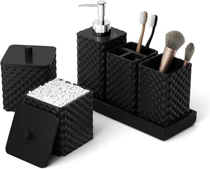 Bathroom Accessories Set Resin 6PCS, Square Toothbrush Holders Set Complete with Soap Dispenser, Vanity Tray, Tumbler, Cups and Cotton Swab Jars (Black Diamond, Resin Bath 6 PCS)
