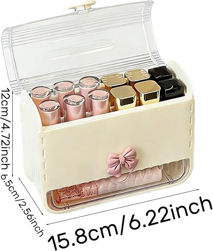 Clear Lid Lipstick Organizer with Bow Charm- Flip-Lid Compartment & Pull-Out Drawer Organizer for Makeup Accessories (Cream Yellow)