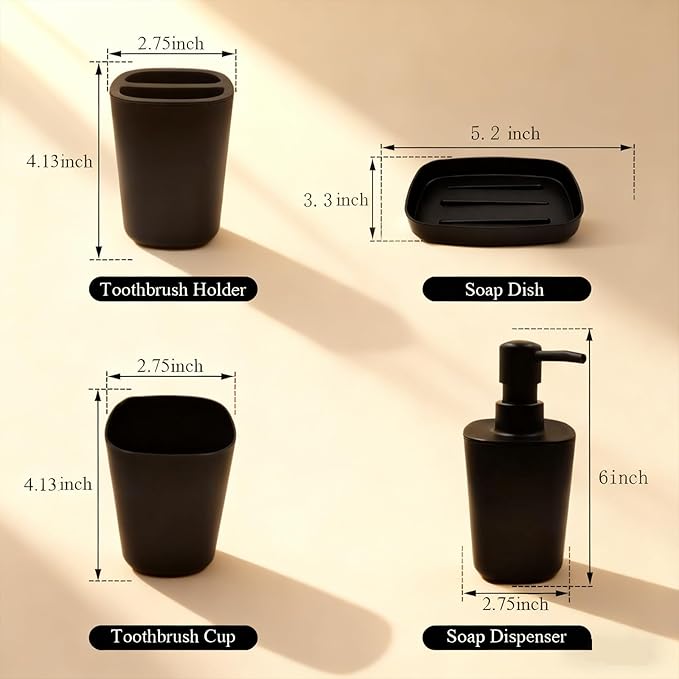 Matte Black Bathroom Accessories Set, 4-Piece Plastic Bathroom Decor Set with Soap Dispenser, Toothbrush Holder, Rinse Cup & Soap Dish, Countertop Bathroom Organizer