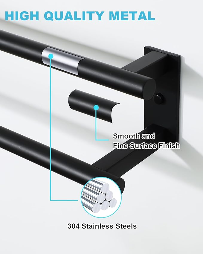 Alise Bathroom Double Towel Bar, 24 Inch Wall Mount Towel Holder, Towel Racks for Bathroom, SUS304 Stainless Steel Towel Hanger, Thickened Pipe with Strong Load-Bearing Capacity, Matte Black