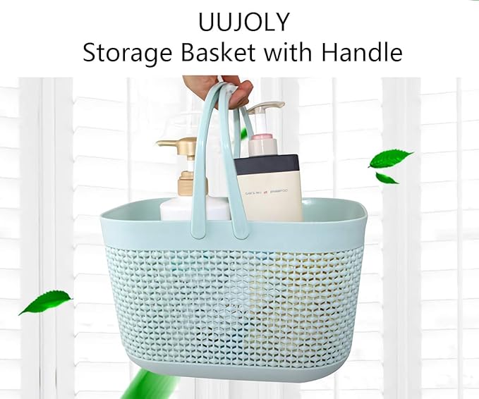 UUJOLY Plastic Organizer Storage Baskets with Handles, Shower Caddy Bins Organizer for Bathroom and Kitchen (3 Pack, Blue)