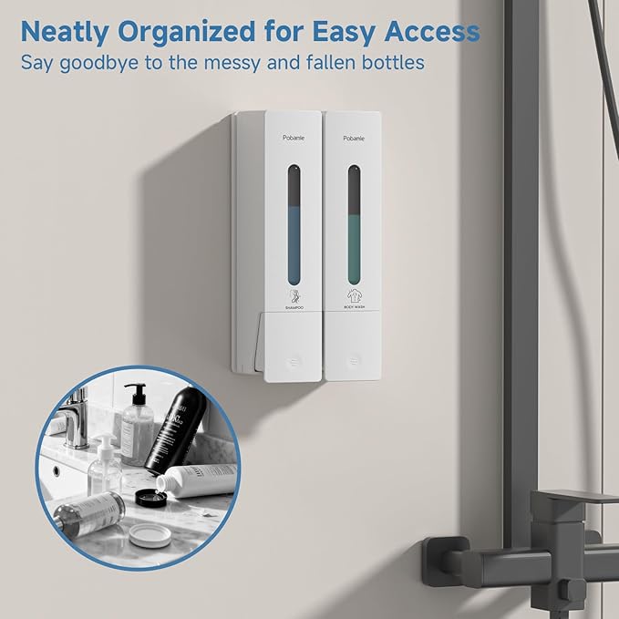 Shampoo Dispenser for Shower - Shower Soap Dispenser Wall Mounted No Drill - Shampoo Body Wash Dispenser 2 Chamber - Easy Install for Bathroom Hotel White 800ml
