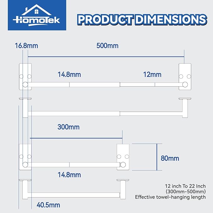 Adhesive Adjustable Towel Bar, HOMOTEK Economical Self Stick Bathroom Towel Holders, Towel Rod Size from 12 Inch to 22 Inch Single Rack Hanger for Kitchen(1 Pack Gold)