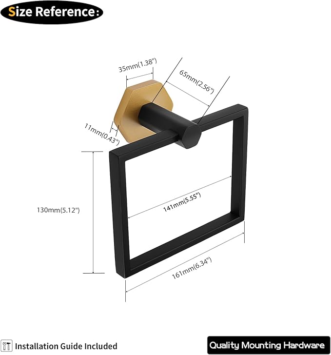 GERZWY Modern Towel Holder Stainless Steel Towel Ring for Bathroom Lavatory Wall Mount Contemporary Style (Black & Gold)