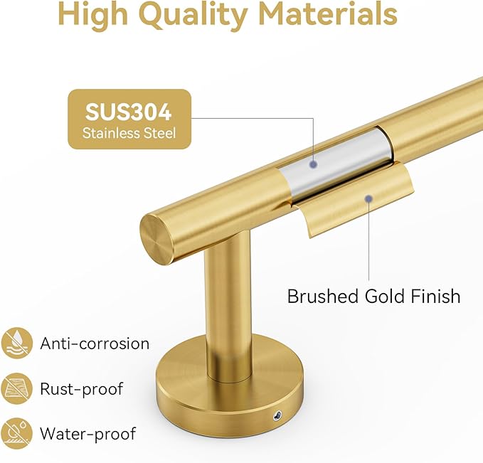Brushed Gold Towel Bar, 24 Inch Towel Rack for Bathroom Wall-Mounted, SUS304 Stainless Steel, Total Length 26 Inch 2 Pack