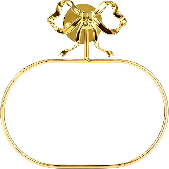 Gold Bow Hand Towel Holder, Coquette Oval-Shaped Brass Towel Ring Bow Modern Girly Decorative Wall Mount Towel Racks with Hardware Accessories for Room Bathroom Kitchen Decor