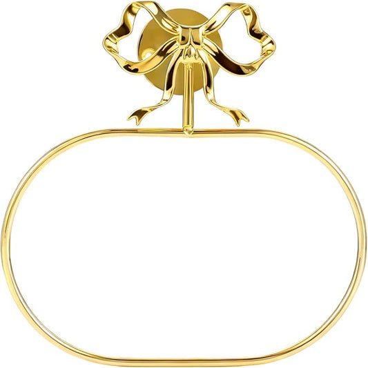 Gold Bow Hand Towel Holder, Coquette Oval-Shaped Brass Towel Ring Bow Modern Girly Decorative Wall Mount Towel Racks with Hardware Accessories for Room Bathroom Kitchen Decor