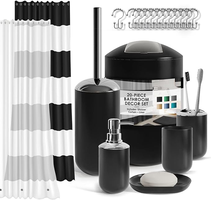Clara Clark Bathroom Set - Black Bathroom Accessories Set, 20PC Bathroom Accessory Set, Shower Curtain Set, Soap Dispenser, Toilet Brush, & Trash Can