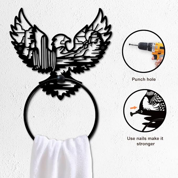 MAYJOYDIY Eagle Landscape Metal Towel Ring Desert Cactus Towel Holder Sun Mountain Range Animal Nature Scenery Black Art Towel Rack Wall Mounted for Bathroom Kitchen Home Decors Gift
