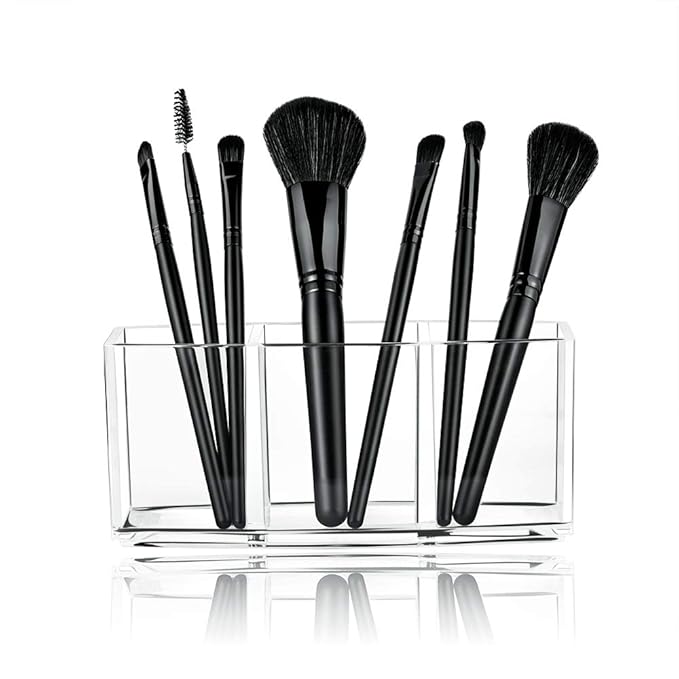 Hekyip Cosmetic case Clear Makeup Brush Holder, 3 Slot Acrylic Cosmetic Brushes Storage, Eyeliners Eyebrow Pencil Display Case