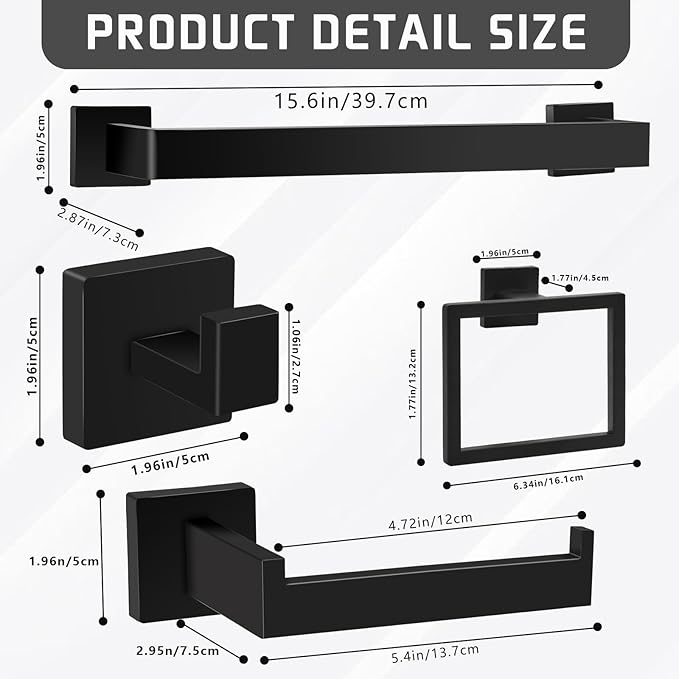 Matte Black Bathroom Hardware Accessories Set of 10 Pieces, 15.6 Inch Bath Towel Bar Set, 304 Stainless Steel Bathroom Hardware Set, Towel Racks for Bathroom Wall Mounted
