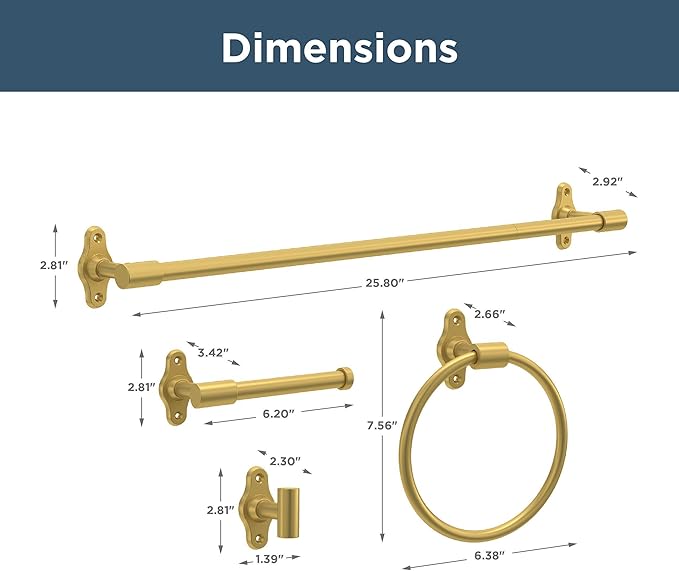 Franklin Brass Calloway 4-Piece Bathroom Set Satin Gold 18" + 6" Towel Rack, Toilet Paper Holder, Hand Towel Holder, Hook | 4-Piece Bath Hardware Accessories Set CLWY64-SG