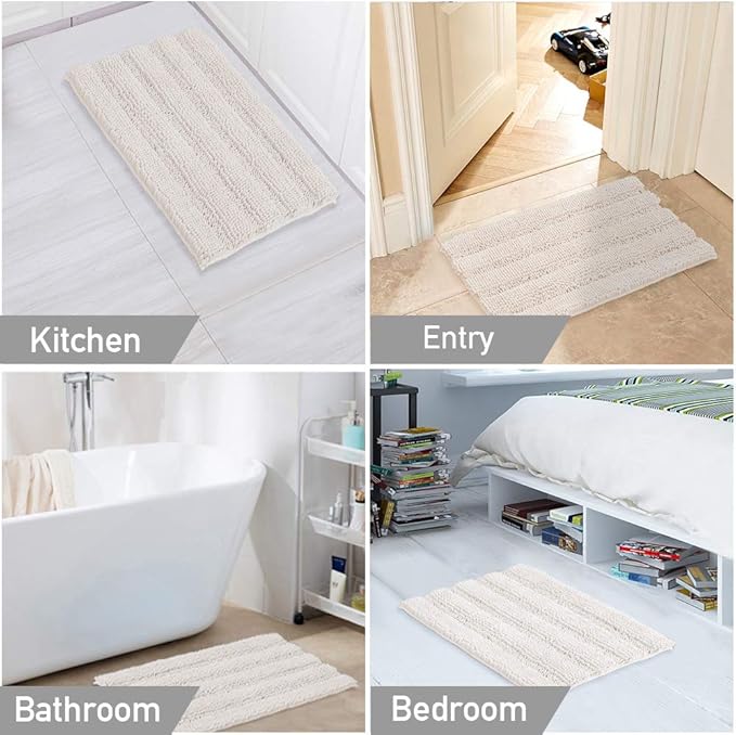 Turquoize Chenille Bathroom Rugs Set Non-Slip Bath Mats for Bathroom Super Absorbent Shaggy Shower Mat for Tub Kitchen Plush Bath Rug Plus U Toilet Mat (Standard: 20" x 32" and 20" x 20" U), Ivory