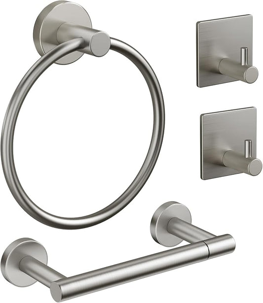 Pokim Bathroom Hardware Set SUS304 Stainless Steel Wall Mount Toilet Paper Holder,Hand Towel Ring,Robe Hooks,Rustproof,Brushed Nickel,Easy Installation for Bathroom