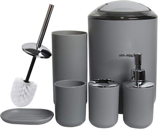 CERBIOR Bathroom Accessories Set 6 Piece Bath Ensemble Includes Soap Dispenser, Toothbrush Holder, Toothbrush Cup, Soap Dish for Decorative Countertop and Housewarming Gift (Light grey-6pcs)