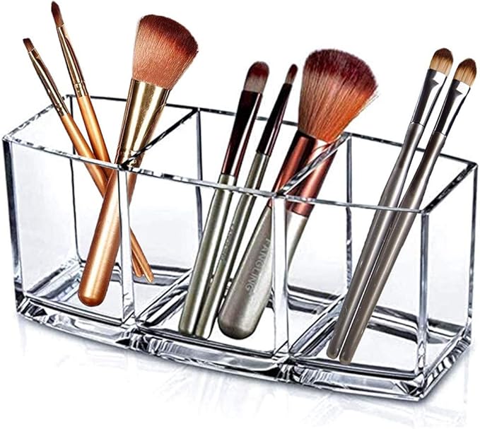 Makeup Brush Holder Organizer - 3 Compartments Clear Acrylic Cosmetic Storage Organizer for Vanity, Bathroom, Office, Kitchen Supplies and More
