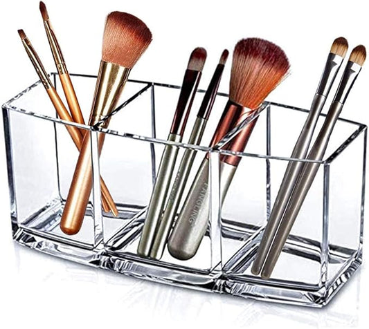 Makeup Brush Holder Organizer - 3 Compartments Clear Acrylic Cosmetic Storage Organizer for Vanity, Bathroom, Office, Kitchen Supplies and More