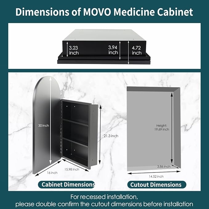 Movo Arched Black Medicine Cabinet with Mirror,16 x30 Inch Metal Framed Bathroom Mirror Medicine Cabinet Wall Mounted,Recessed Medicine Cabinets for Bathroom with 2 Removable Shelves