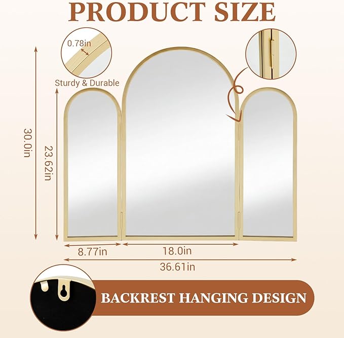 Wonderjune Trifold Vanity Mirrors 3 Way, 30 x 37 in Adjustable Arch Trifold Mirror for Bathroom Bedroom, Decorative Folding 3 Sided Mirror Wall Mounted for Braiding Hair Makeup(Gold)