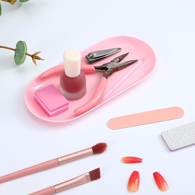 SynHHergyx Pink Nail Tray Oval Plastic Nail Art Dish Manicure Tool Tray Display Jewelry Organizer Trays for Nails Tools, Jewelry Storage, Bathroom Vanity, Countertop Decor, Small Decorative Plate