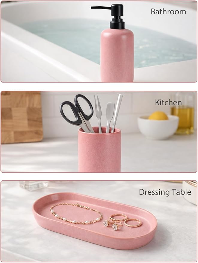Ceramic Bathroom Accessories Set, Matte Red Soap Dispenser 15.5oz & Toothbrush Holder 10.6oz with Tray, Modern Countertop Set for Bathroom, Vanity, Kitchen Sink