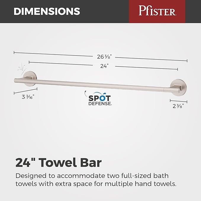 Pfister Capistrano Bath Towel Bar for Bathroom, 24-Inch, Wall-Mounted, Screw-in, Spot Defense Brushed Nickel Finish, BTBCSO2GS