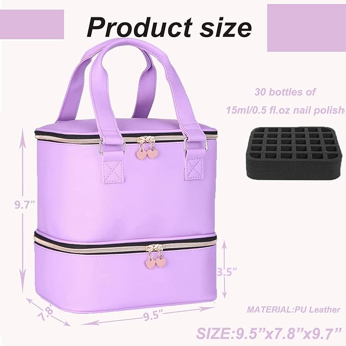 FCQQYWZ Nail polish Case, Nail Polish Organizer Bag and Nail Dryer Case Holds 30+ Bottles (15ml/0.5 fl.oz) and a Nail Lamp, Travel 2 Layer Nail Polish Storage with Sturdy Handles(Purple)