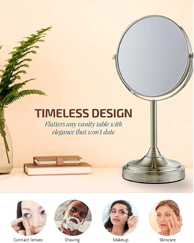 OVENTE 7'' Tabletop Makeup Mirror with 1X/7X Magnification, 360° Swivel Design and Double-Sided Free-Standing Vanity Mirror Perfect for Dresser, Bedroom and Office Desk, Nickel Brushed MNLCT70BR1X7X