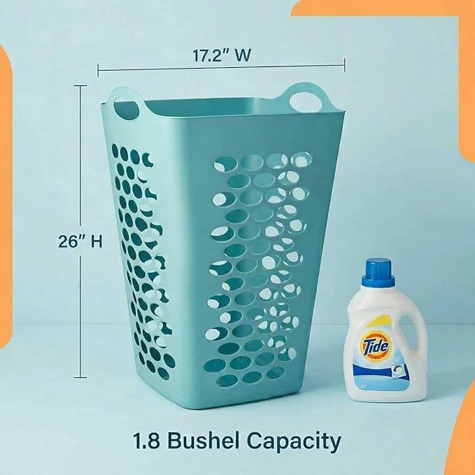 (2 Pack) 2 Bushel Square Laundry Hamper, Teal Lightweight Plastic Tall Laundry Basket with Handles, Ventilation Design for Bedroom, Bathroom, Laundry Room, College Dorm.