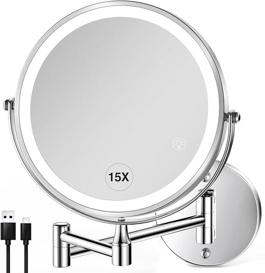 GREENFROM Wall Mounted Lighted Makeup Mirror: 8.5 Inch Double Sided Makeup Mirror with 1X/15X Magnification for Vanity, Bathroom, and Shaving - Chrome