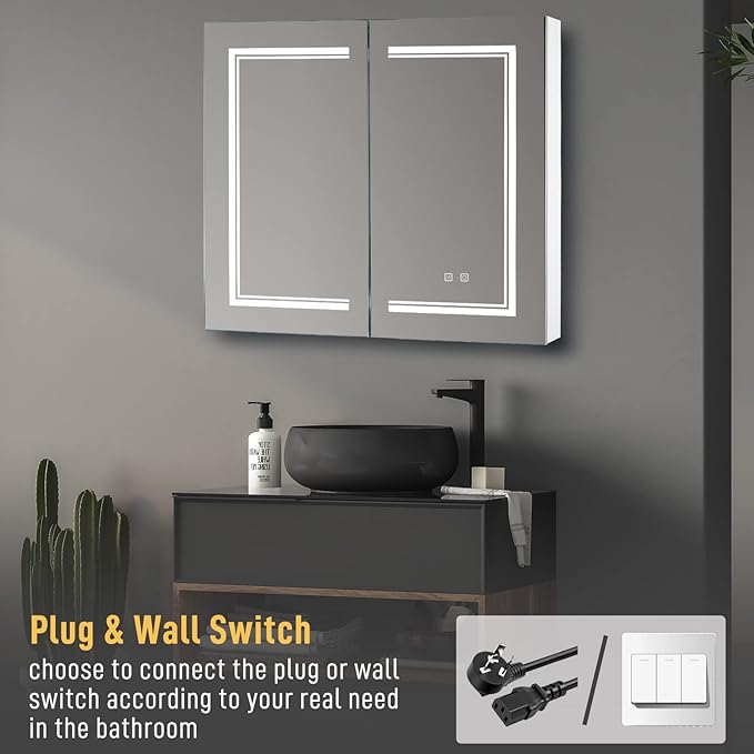 Karl home 32x28 Inch 2 Doors Bathroom Medicine Cabinet with LED Mirror, 3 Color Wall Mounted Dimmable Bathroom Cabinet with 3-Tier Storage Shelves, Anti-Fog, USB Charge, White