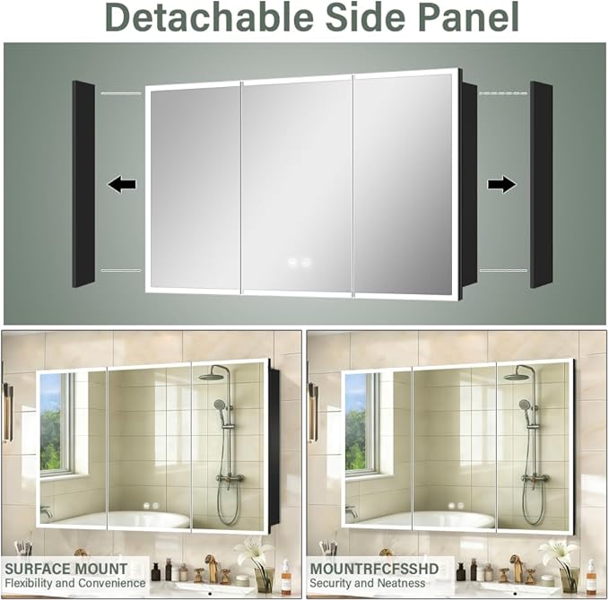 LED Medicine Cabinet,48x32inch,Recess Mirror Cabinet for Bathroom,3 Color,Dimmable,Demister, Detachable Side Panel for Recess Mount or Surface Mount,USB Shaver Socket, Internal Lighting