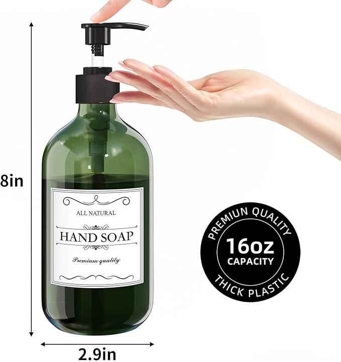 Kzeirm Green Soap Dispenser, Dish & Hand Soap Dispenser Set for Bathroom & Kitchen, Refillable Pump Bottle Dispenser, Plastic Empty Soap and Lotion Dispenser for Liquid, 2 Pcs