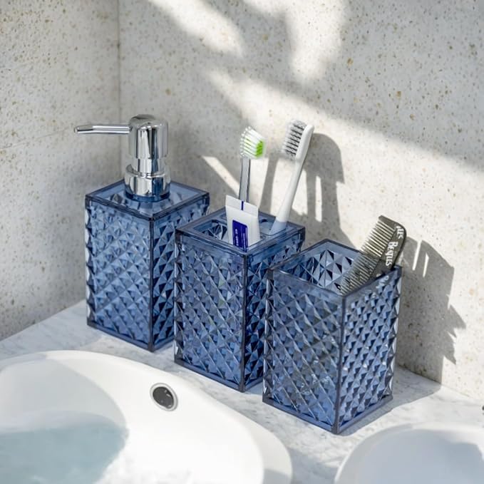 Blue Bathroom Accessories Set, 4 PCS Dark Navy Blue Bathroom Accessories Sets Complete, Diamond Pattern Bathroom Soap Dispenser and Toothbrush Holder Set, Boho Bathroom D??cor and Accessories