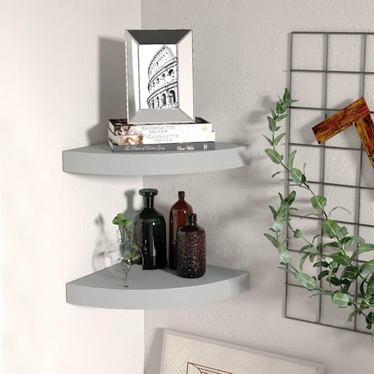 Floating Corner Shelves 2 Pack Gray 9.8x9.8x1.5 Inches MDF Wall Mounted Display Storage for Living Room Bathroom Kitchen with Invisible Mounting System