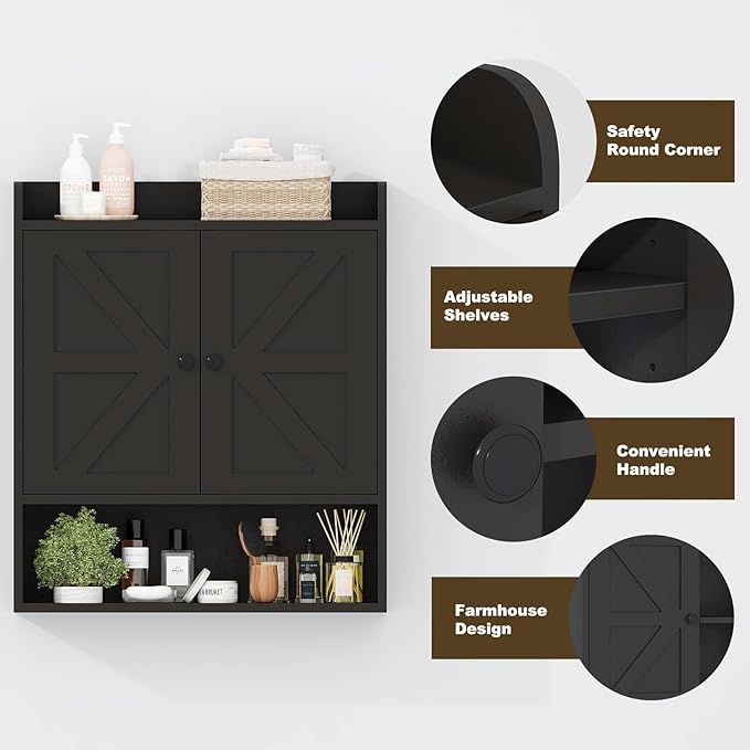 EasyCom 22" W x 26" H Bathroom Wall Cabinet, Farmhouse Medicine Cabinet with Adjustable Shelves and 2 Barn Doors, Over The Toilet Storage Cabinet for Bathroom, Kitchen, Living Room, Black