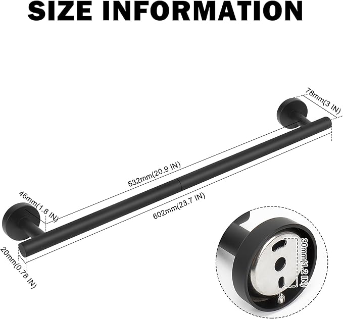 Livabber Bath Towel Bar, 304 Stainless Steel Towel Rack, Heavy Duty Towel Holder Wall Mounted for Bathroom/Kitchen, Usable Hanging Length-20.9 Inch, Total Length-23.7 Inch (Black)