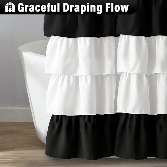 Seasonwood Ruffle Shower Curtain Black and White Shower Curtain Farmhouse Vintage Handcrafted Rustic Decorative Fabric Shower Curtains Girly Modern Bathroom Curtain, 72" x 72"