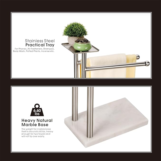 Songtec Towel Rack Stand for Bathroom, 2-Tier Freestanding Towel Holder for Bath Towels, Practical Shelf on Top, Heavy Duty Bathroom Accessories, No Drilling Required