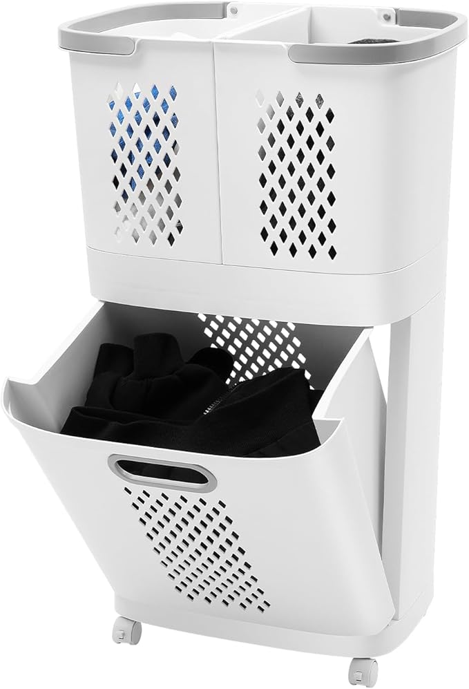 2-Tier Rolling Laundry Basket Movable Plastic Collapsible Laundry Basket Cart with Wheels and Handle, Durable Ventilated Portable Storage Baskets for Dorm, Laundry Room, Bathrooms