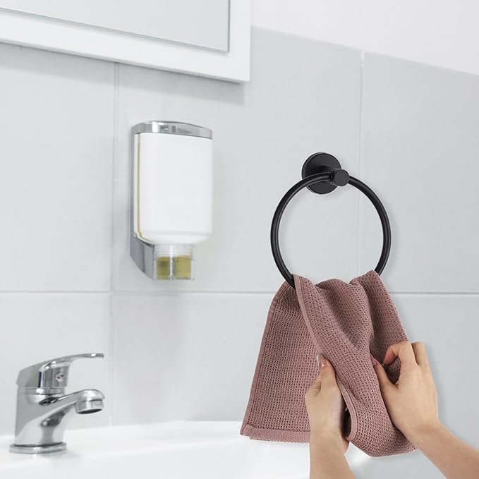 4 Pack Black Towel Ring, Stainless Steel Hand Towel Holder for Bathroom, Modern Round Towel Hanger Towel Rack Round Wall Mounted for Bath, Kitchen