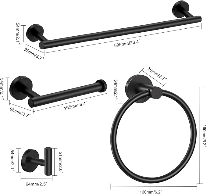 Matte Black 24in Bathroom Hardware Set, Stainless Steel Towel Bar Set, Bathroom Accessories Set Wall Mounted, Towel Racks for Bathroom, Towel Bar, Towel Ring, Robe Towel Hooks, Toilet Paper Holder
