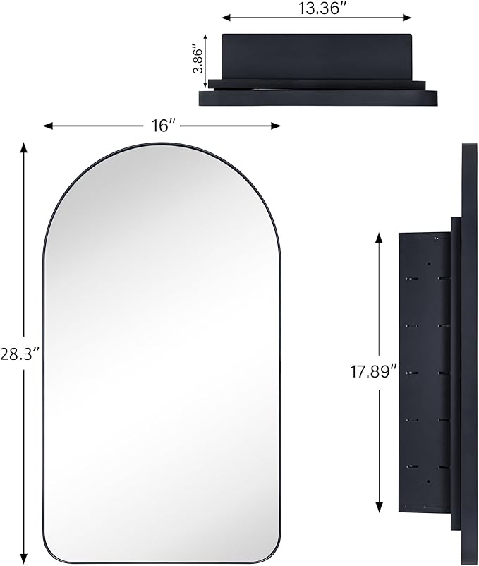Matt Black Arched Recessed Bathroom Medicine Cabinet with Mirror Stainless Steel Metal Framed Rectangular Bathroom Cabinet with Mirror 16x28.3''