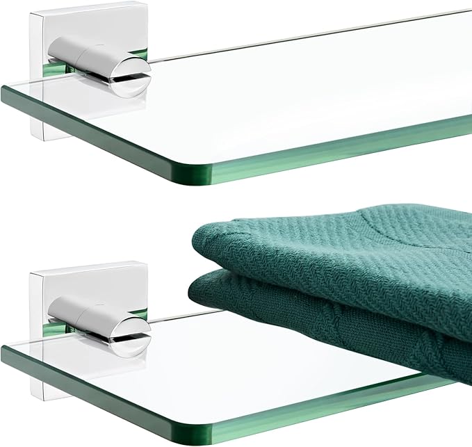 KOKOSIRI Bathroom Shelves Wall Mount 12-Inch Floating Tempered Glass Shelf for Shower Storage Home Decor, 2 Pack Polished Stainless Steel B1107CH-L12-P2